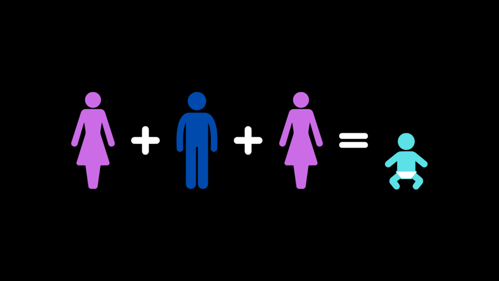 An image showing a sum using symbols of woman plus man plus woman equals baby. This represents three parent children.