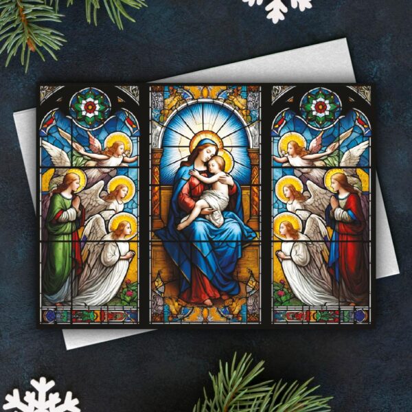 Christmas Card - Stained Glass Madonna with Angels (Pack of 10)