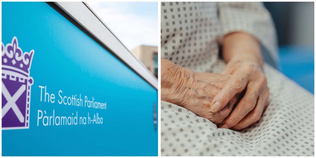 Scottish Health Committee Blocks Amendments on Palliative Care and Safeguards to Assisted Suicide Bill Scottish Parliament sign and an elderly person sitting in hospital